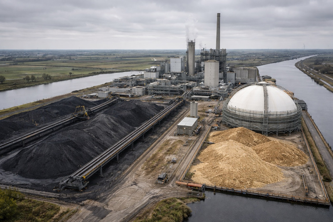 Industrial power plant mid-transition showing coal stockpiles alongside biomass storage dome
