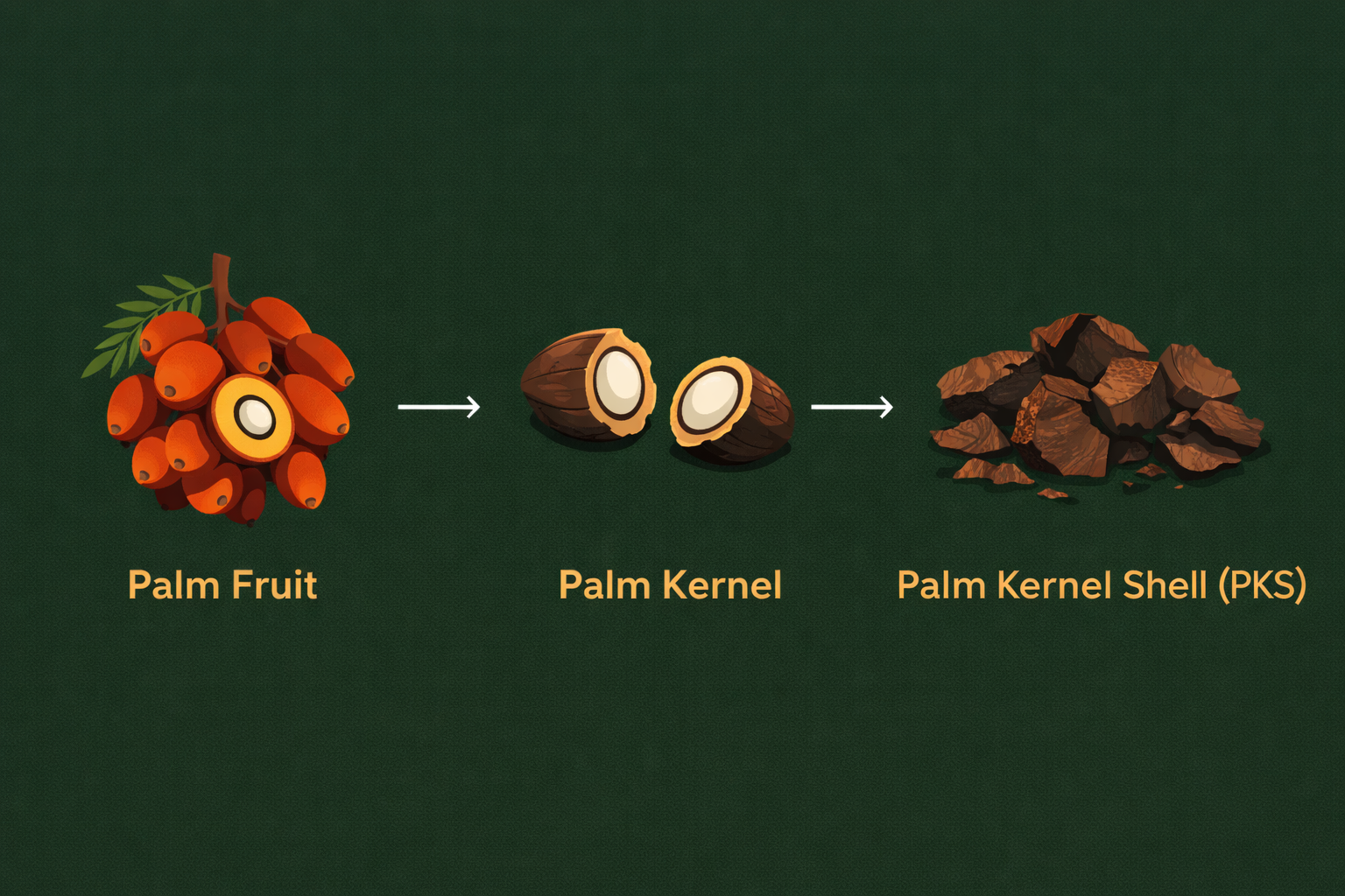 Palm kernel shell production process: Palm Fruit → Palm Kernel → Palm Kernel Shell (PKS)